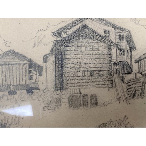 598 - Attributed to Carl Felkel - Alpine scene with wooden buildings pencil sketch signed indistinctly att... 