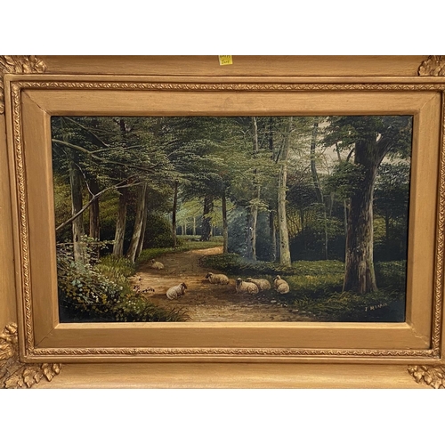 607 - John W Morris (1865-1924), Sheep on a woodland path, oil on canvas, signed, 29 x 49cm, (bears Christ... 