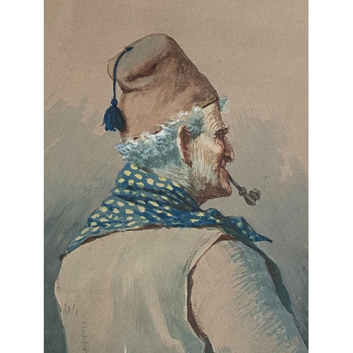 618 - Nap Girotto:  Peasant man in fez, smoking a pipe, watercolour, signed, 34 x 24 cm, framed and glazed