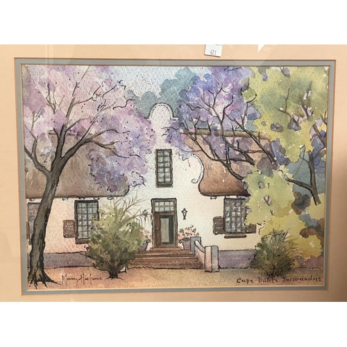 621 - Mary Hulme:  Cape Dutch house, watercolour, signed, 26 x 34 cm, framed and glazed; a smaller picture... 