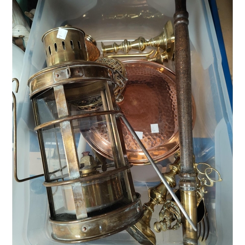 23A - A 1920's brass coal bin; a 19th century copper kettle; a ship's brass lantern; other metalware