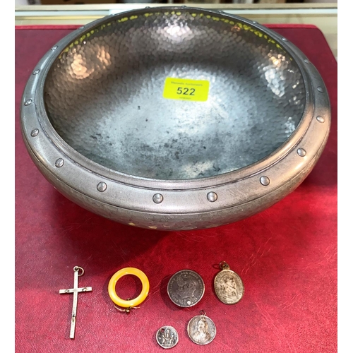 522 - A small selection of antique coins etc and a pewter bowl