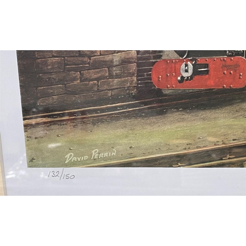 605 - After David Perrin, signed limited edition print of a train 132/150.  Framed & glazed