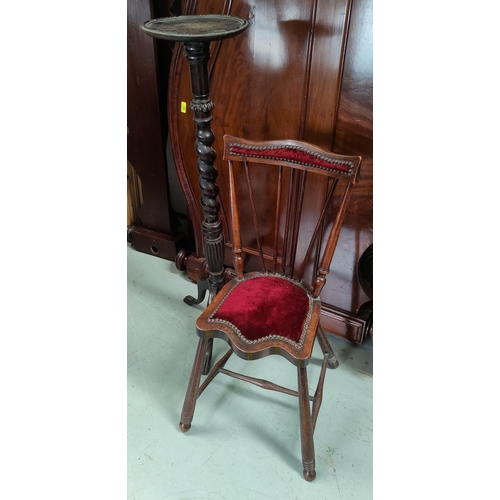 637 - An oak pedestal torchere on barley twist column and a mahogany stick back bedroom chair with serpent... 