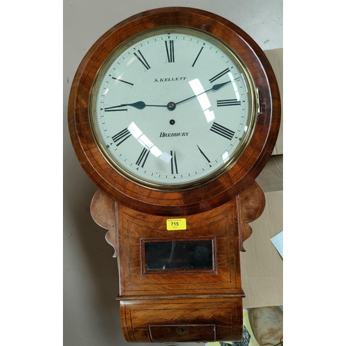 715 - A mid 19th century drop dial wall clock in mahogany case, with  8 day fusee movement by S  Kellett, ... 