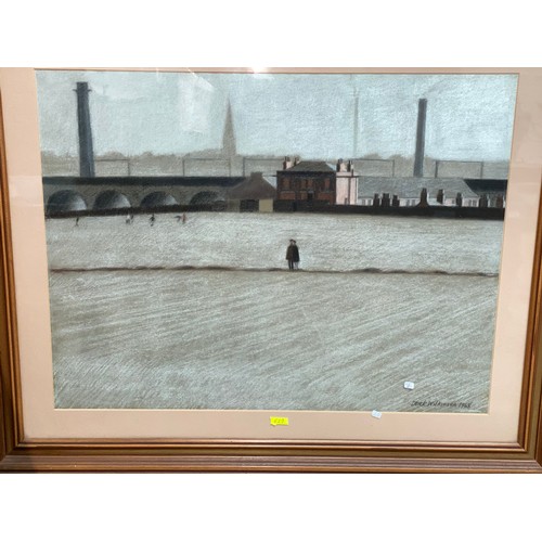 621a - Derek H Wilkinson 1929-2001:  Industrial landscape with viaduct, possibly Stockport, pastel, signed ... 