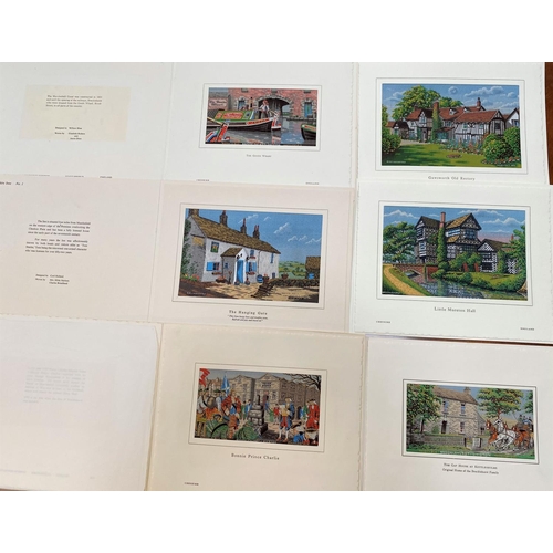 612 - A group of 6 Macclesfield silk pictures, includes Gawsworth & Little Moreton Halls