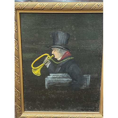 606 - Adrian Lenhay: Dickensian style oil on board of a Liverpool newspaper trumpeter in a top hat.