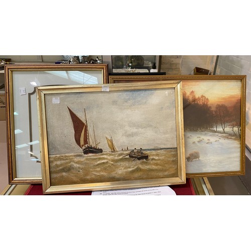 611 - An early 20th century oil painting of fishing boats; a selection of other pictures and prints