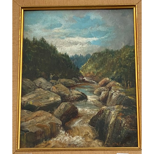 614A - S Wagstaff (British 19th Century):  oil on canvas, mountain stream with fisherman, signed, 24 x 19 c... 