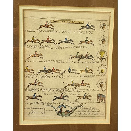 614 - An 18th century framed print depicting the horse race at Chester, May 2nd 1791, hand coloured, 18 x ... 