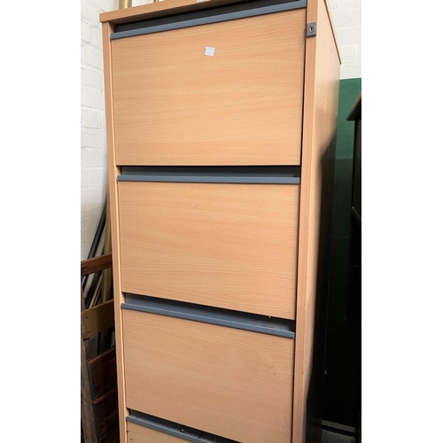 697 - A 4 drawer wooden filing cabinet; a 3 height bookshelf