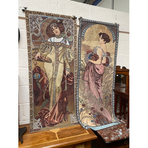 60 - A pair of tapestry wall panels in the Art Deco style depicting young women, 1 collecting flowers, th... 