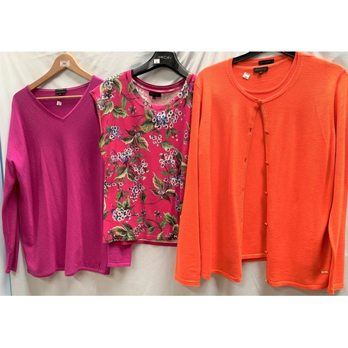 202 - An ESCADA orange twin set cardigan set (M/L); an ESCADA bright pink and floral sleeveless top (M); a... 