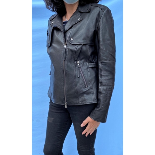 215 - A Marccain black leather biker jacket with ribbing detail on elbows and shoulders (M)