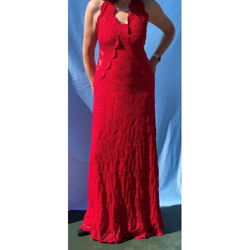 220 - Olvi's The Lace Collection, a red lace halter neck evening dress with sequin details and see through... 