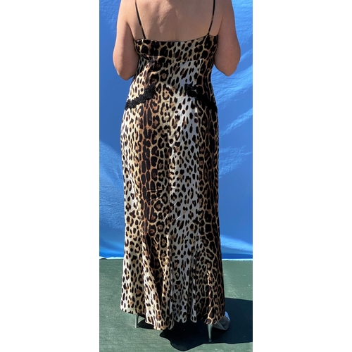 226 - A Moschino leopard full length dress with black shoe string straps and lace detailing; a Joseph Ribk... 