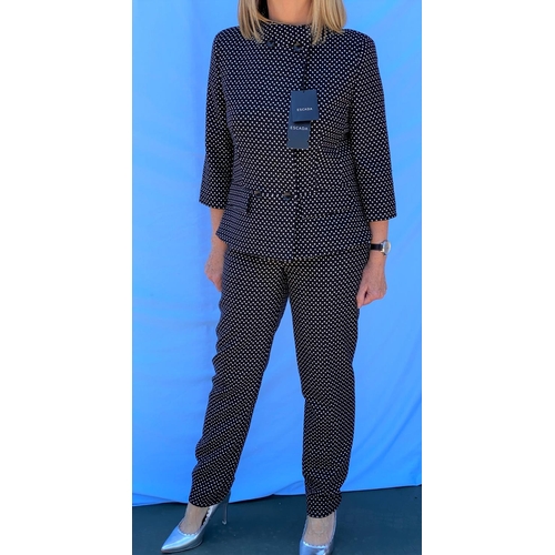 241 - Escada - a 2 piece trouser suit, black polka dot effect, 3/4 sleeves, peplum style jacket, with orig... 