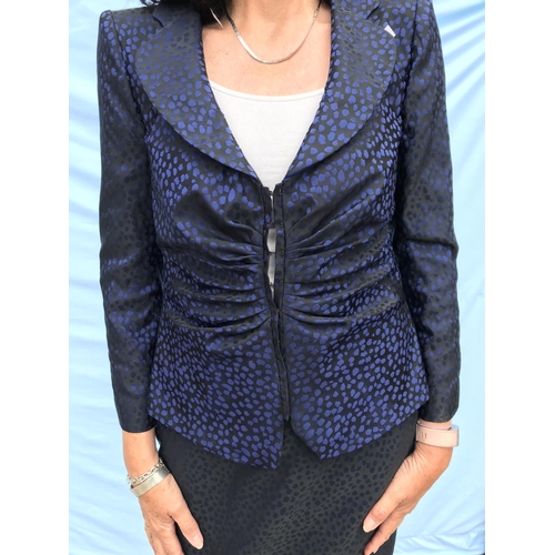 250 - An Armani Collezione 2 piece skirt suit in dark blue stain sheen effect the jacket with rouched fron... 