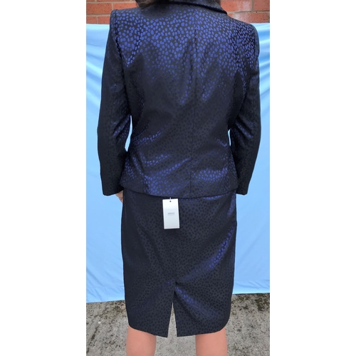 250 - An Armani Collezione 2 piece skirt suit in dark blue stain sheen effect the jacket with rouched fron... 