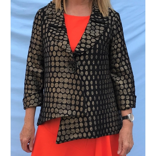 257 - Joseph Ribkoff -  black and gold spot evening jacket with asymmetrical front and 3/4 length cuff sle... 