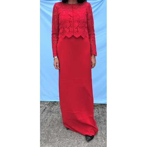 258 - Marccain - red long sleeve evening dress with lace bodice, size M; Escada - orange evening dress wit... 