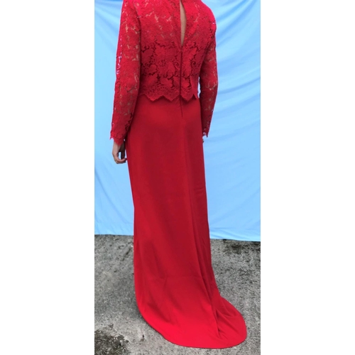 258 - Marccain - red long sleeve evening dress with lace bodice, size M; Escada - orange evening dress wit... 