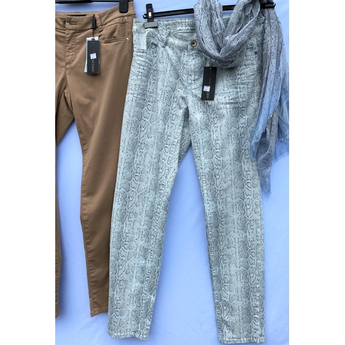 272 - Five pairs of Marccain trousers - grey animal print jeans, camel jeans, smart pink, smart blue and b... 