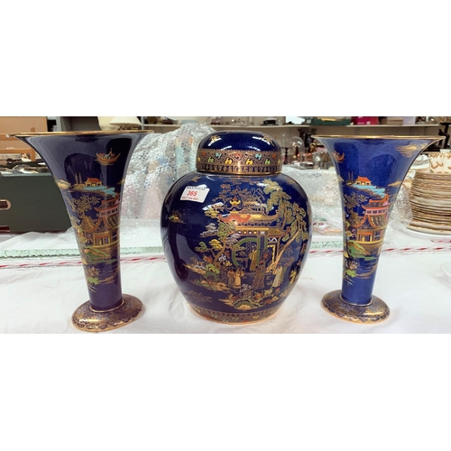 365 - A 1930's Carltonware garniture in blue lustre with chinoiserie scenes comprising 2 trumpet shaped va... 
