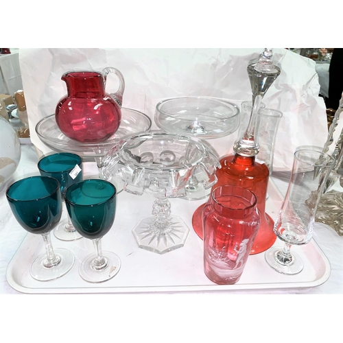 381 - A cranberry glass bell; other coloured and decorative glassware