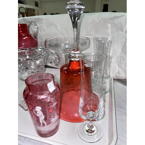 381 - A cranberry glass bell; other coloured and decorative glassware
