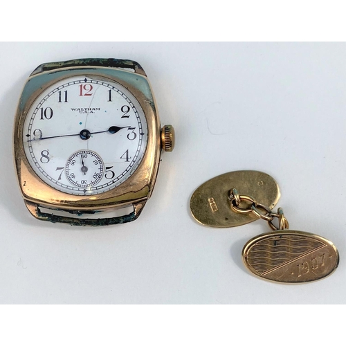 510 - A 9 carat hallmarked gold cufflink, 3.5gm; a vintage Waltham wristwatch