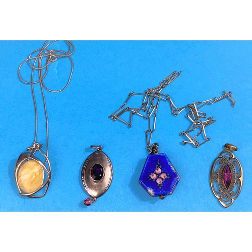 535 - An early 20th century pendant watch by Carl Bucherer in blue enamel on white metal chain (some ename... 