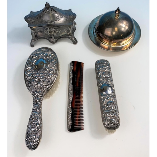 548 - A WMF lidded small jewellery casket, a hallmarked silver brush, comb and smaller brush and another i... 