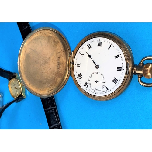 595 - A keyless gold plated Hunter pocket watch (not working) and 3 ladies wristwatches