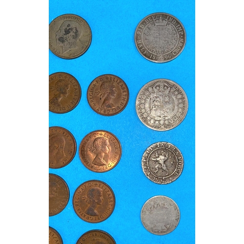 597 - A selection of pre decimal coins including a Victorian half crown and shilling and an antique foreig... 