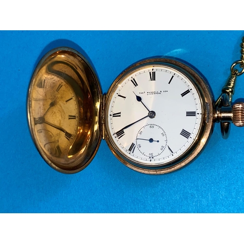 562 - A gold plated keyless hunter pocket watch by Thomas Russell, Liverpool with modern gilt chain
