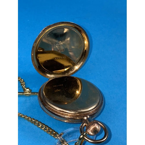562 - A gold plated keyless hunter pocket watch by Thomas Russell, Liverpool with modern gilt chain