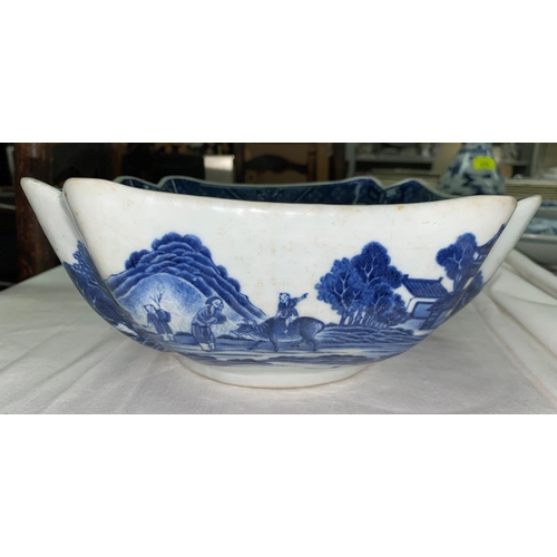 348D - A Chinese squared blue and white bowl (restored); a blue and white dish and three Chinese Tek Sing r... 