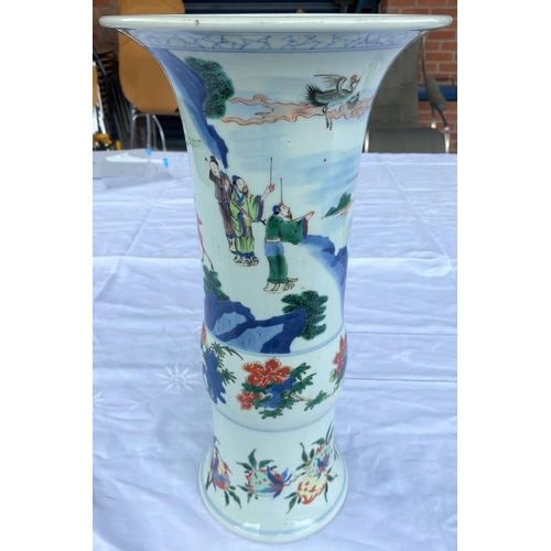 347E - A tall Chinese garlic knot vase decorated with traditional country scene, flowers etc, height 42.5cm