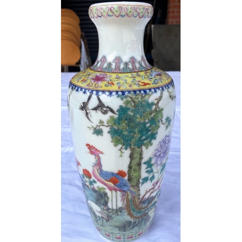 347G - A 20th century Chinese vase decorated in polychrome with cranes, other exotic birds, flowers etc, se... 