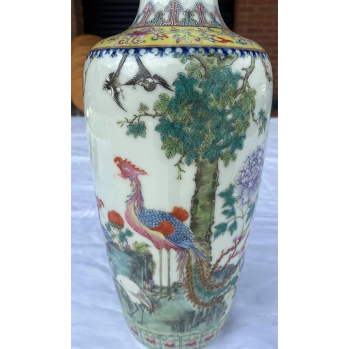 347G - A 20th century Chinese vase decorated in polychrome with cranes, other exotic birds, flowers etc, se... 