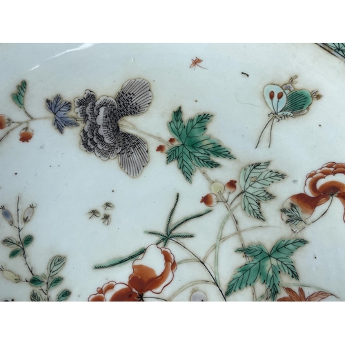 345D - A Chinese famille verte charger decorated with plants and insects, diameter 33cm