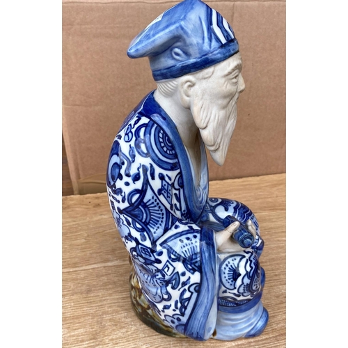 353A - A Chinese figure of a seated man with beard in blue and white glazed robes, impressed mark to base, ... 