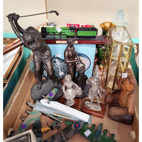 15 - Two bronzed figures of golfers; a selection of collectables:  a cloisonné vase; diecast planes; nove... 