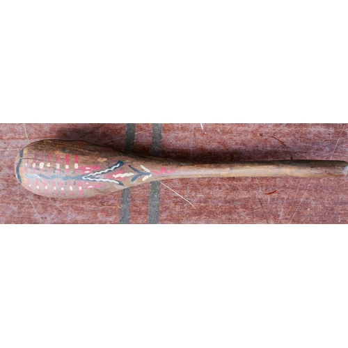 177 - An Aboriginal tribal painted club length 44cm, two carved tribal clubs and a carved tribal stick wit... 