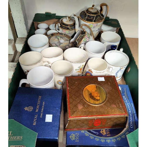 70C - A selection of Royal commemorative tins, mugs etc; A Japanese coffee service with gilt and bird desi... 