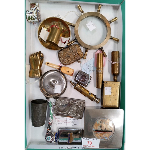 73 - A selection of collectables:  a small enamelled pipe; other smoking requisites; various whistles; et... 