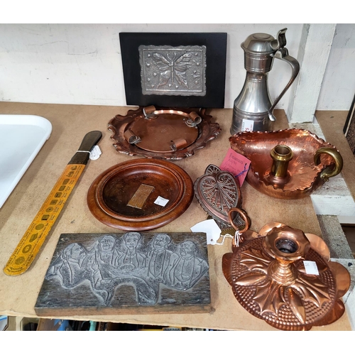 75 - A selection of collectables:  2 copper chambersticks; a printer's block; an oak dish 