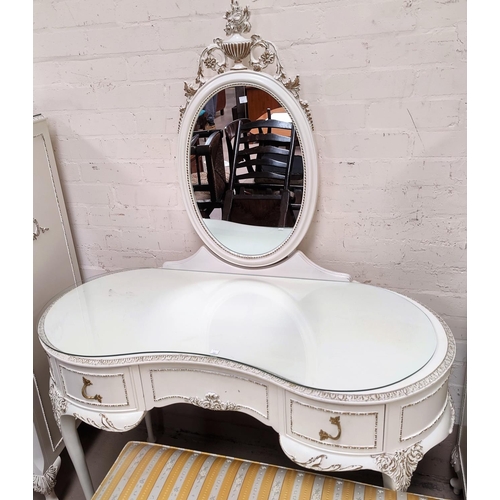 832 - A Louis X style 5 piece bedroom suite in cream and gilt finish comprising kneehole dressing table an... 